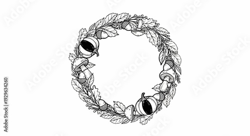 Ornate circular arrangement of autumnal elements, including leaves, acorns, mushrooms, and gourds