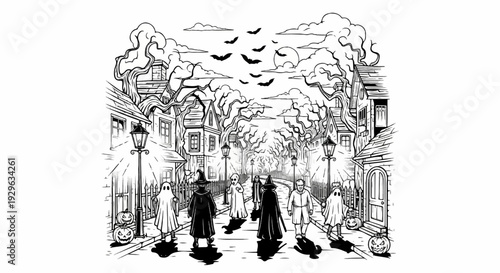 Eerie street scene with costumed figures, pumpkins, and bats under a cloudy sky