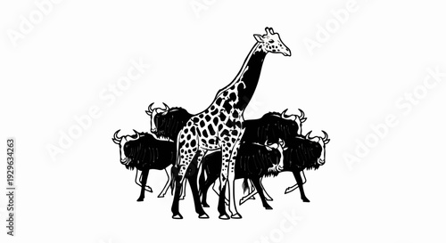 A giraffe stands tall amidst a herd of wildebeest in a monochrome illustration