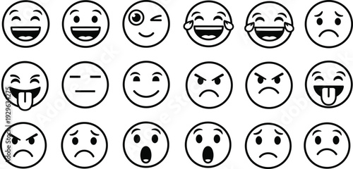 Black silhouette vector illustrations of 20 emoji faces with different expressions, symbolizing emotions, communication, and design elements for creative and educational projects.