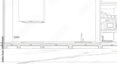 A minimalist kitchen outline featuring a sink, microwave, and cabinetry with marble countertop