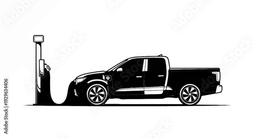 A black pickup truck is charging at an electric station