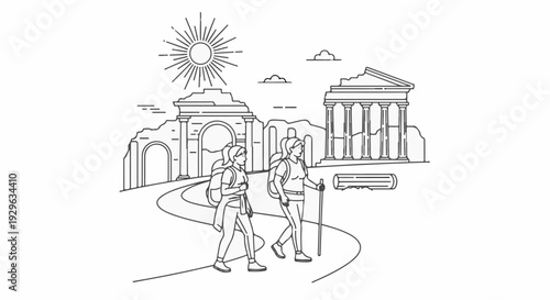 Two hikers explore ancient ruins under a bright sun, symbolizing adventure