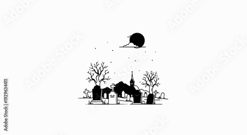 Spooky graveyard scene under a full moon with bare trees and a church spire