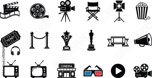 Cinema and movie entertainment silhouette icon collection featuring film production equipment, theater symbols, media devices and filmmaking elements isolated on white background