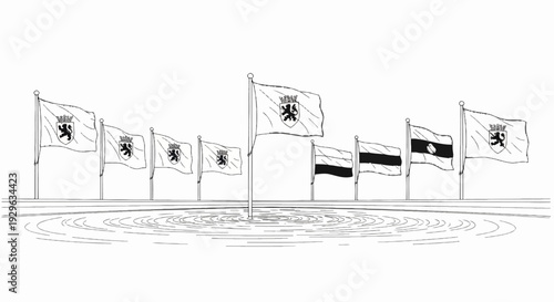 Multiple flags on poles flutter above rippling water, displaying crests and stripes