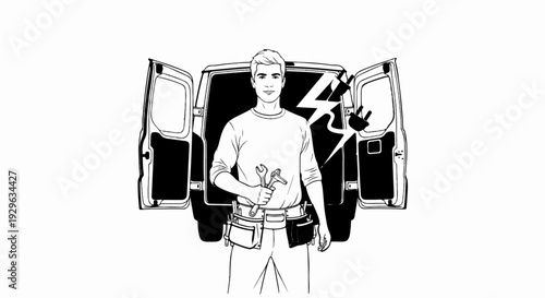 Technician with tools and van, electrical plug symbol
