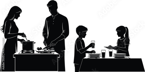 Printfamily cooking together silhouette parents preparing food children eating meal home lifestyle parenting kitchen daily life illustration