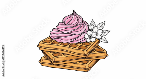 Stacked golden waffles topped with pink whipped cream and delicate white flowers