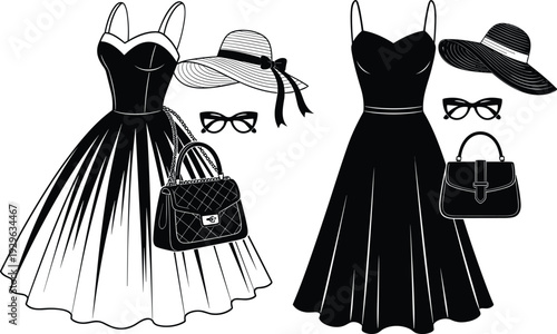 Black-and-white vector illustration of two elegant vintage sleeveless dresses with wide-brim hats, cat-eye glasses, and handbags, showcasing classic fashion and accessory styling