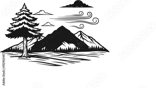 A lone pine tree stands tall before rugged mountains under a cloudy, windy sky