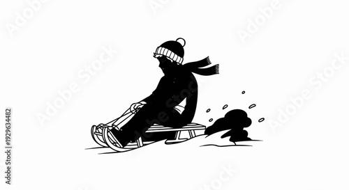 A person in winter attire enjoys a snowy sledding adventure downhill