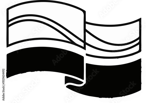 A stylized black and white wavy flag with curved bands