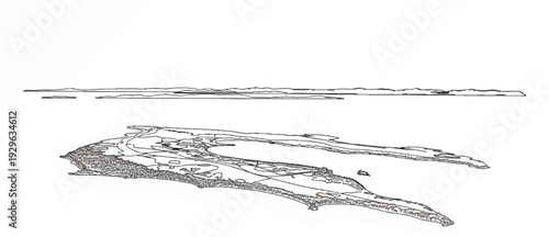 Aerial view sketch of a peninsula with bodies of water and tree-lined shores