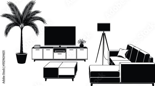 Black-and-white vector illustration of stylish modern living room interior with sectional sofa, coffee table, TV stand, potted palm tree, books, and tripod floor lamp