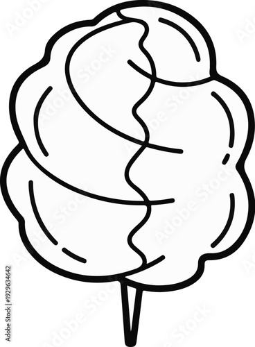 A simple, bold black and white line drawing of a cone of fluffy cotton candy