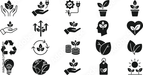 Eco sustainability solid icon set with environment protection green energy and nature symbols