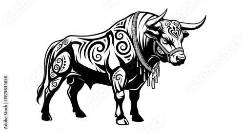 Ornate bull mascot logo with ethnic tribal patterns and decorative necklace vector illustration