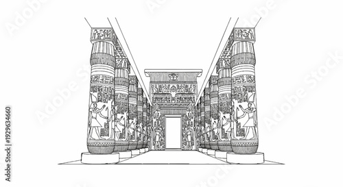 Ancient Egyptian hieroglyphs adorn towering columns and a doorway in this line drawing