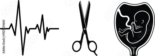 Medical pregnancy and surgery icons silhouette, fetus womb scissors heartbeat vector isolated white background healthcare illustration concept design