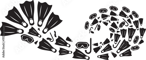 collection of black silhouette snorkeling fins masks and snorkels arranged in spiral shape on transparent background