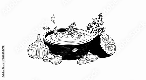 A bowl of creamy sauce with garlic, lemon, and herbs, illustrated in a simple line art style