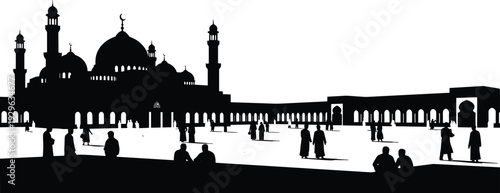 Printislamic mosque courtyard silhouette people praying architecture ramadan culture religion muslim cityscape vector background illustration