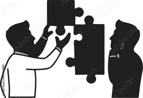Two silhouetted figures collaborate to assemble jigsaw puzzle pieces, symbolizing teamwork