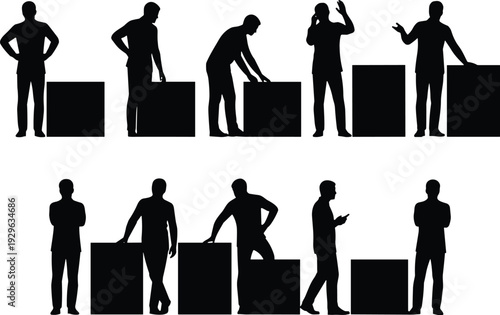 Black Silhouette Collection Of Warehouse Workers And Logistics Staff Standing Beside Large Shipping Boxes Carrying Out Various Industrial Tasks For Professional Business Graphics