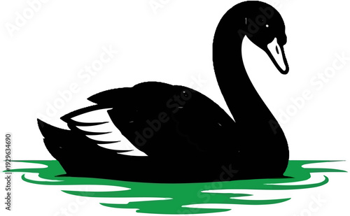 A stylized black swan gracefully glides through stylized green water