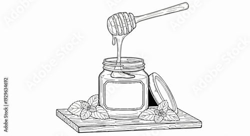 Jar of honey with dipper and herbs on a wooden surface