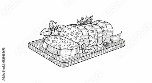 Sliced loaf with toppings on cutting board, garnished with herbs, garlic