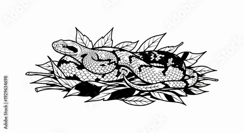 A detailed black and white illustration of a coiled snake nestled amongst foliage