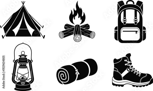 Black silhouette vector illustrations of tent, campfire, backpack, lantern, sleeping bag, and hiking boot, symbolizing camping gear, outdoor essentials, and adventure travel projects.
