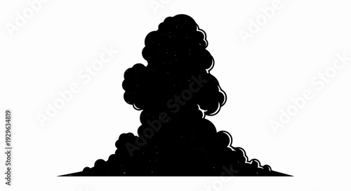 A stylized black silhouette of a mushroom cloud against a white background