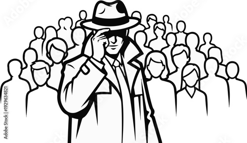 Man in hat and trench coat stands out in a crowd of people