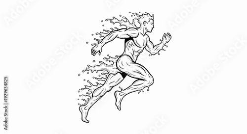 A black and white illustration of a man running, with water splashing from his body