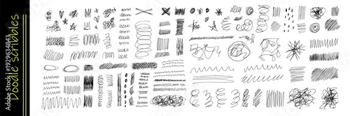 Hand-drawn pen scribbles and chaotic doodles create messy artistic strokes, circles, and squiggly lines with expressive marker textures for creative sketching projects