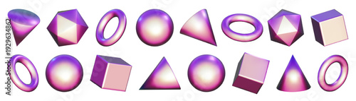 3D iridescent shapes, rectangular holographic element. Pink solid triangle pyramid, y2k square hexagon and circle ring. Abstract objects for purple math sticker. Metallic art game elements render set