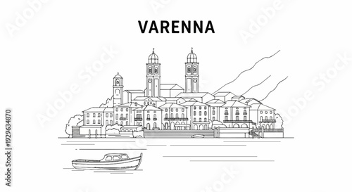 Sketch of lakeside town with church towers and a boat on the water