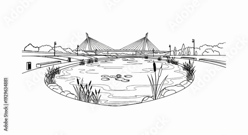 A striking cable-stayed bridge spans a tranquil pond with lily pads and cattails