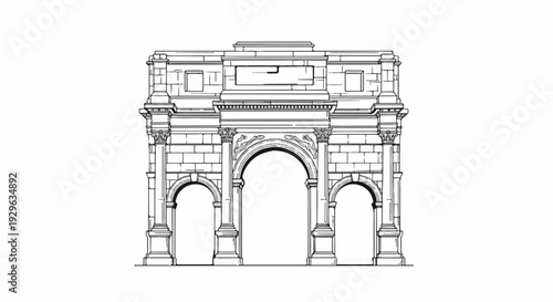 A detailed line drawing of a grand, ancient triple archway with classical architectural elements
