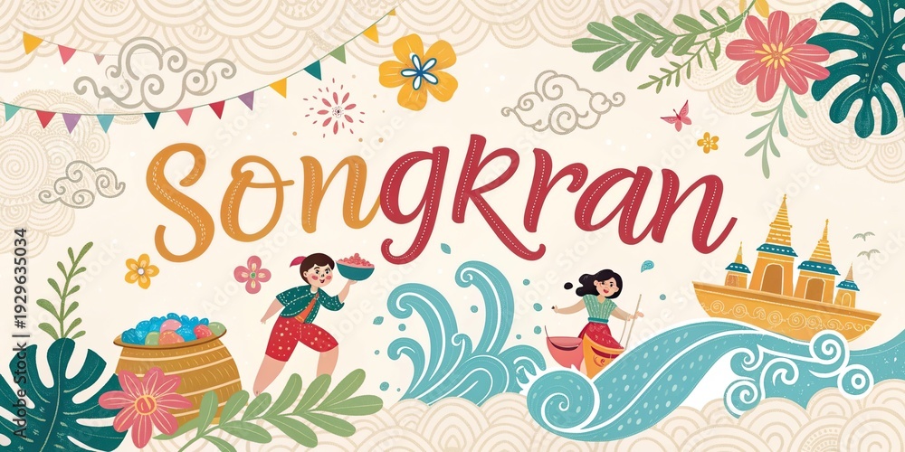 Obraz premium Songkran festival colorful typography banner with water splashes flowers and Thai celebration mood.