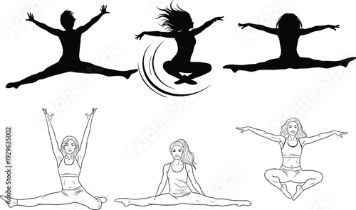 Black-and-white vector illustration of gymnasts and dancers performing dynamic leaps, tuck jumps, seated splits, and squatting poses, showcasing flexibility, strength, and expressive athletic movement