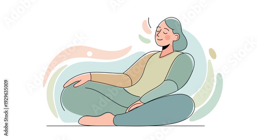 A serene woman practicing yoga in a peaceful environment, surrounded by gentle, flowing shapes, from a relaxed viewpoint, in a simple illustration.