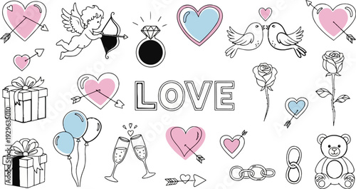 Romantic icons featuring hearts, cupids, roses, gifts, balloons, and love symbols