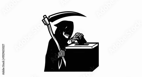 Grim Reaper casts vote into ballot box, holding scythe