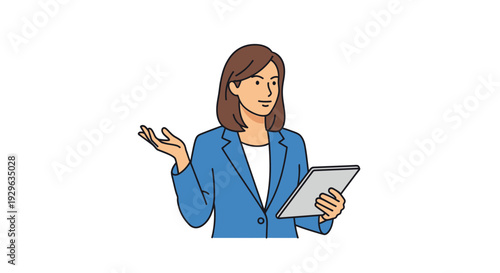 Cartoon-style illustration of a businesswoman holding a tablet and gesturing with her hand against a plain white background.