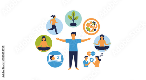 Holistic Healthy Lifestyle Concept with Wellness Pillars: Exercise, Nutrition, Mindfulness, Sleep, and Wellbeing