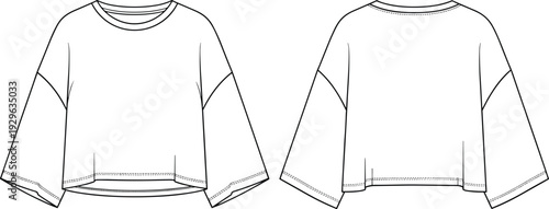 Black-and-white vector technical flat sketch of cropped women’s top with round neckline, wide three-quarter sleeves, seam details, curved hemline, and garment construction illustration
